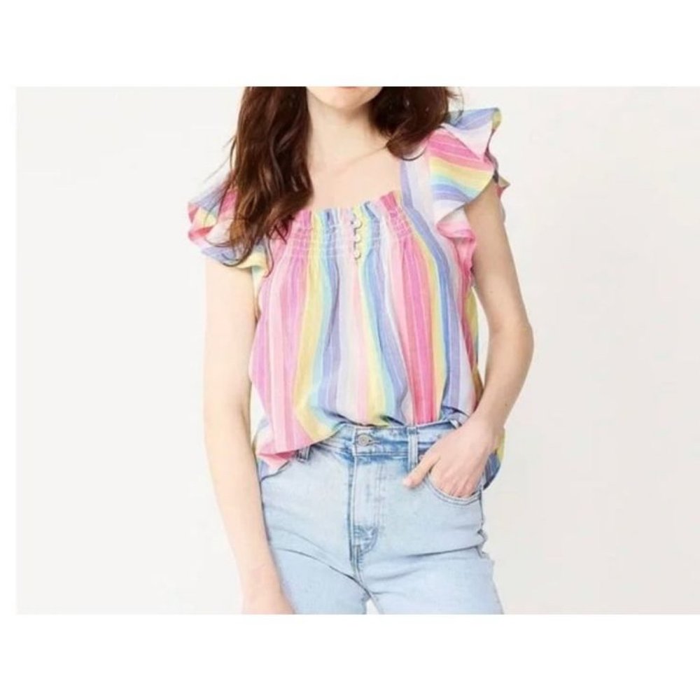 Draper James Colorful Striped Flutter Short Sleeve Top XXL